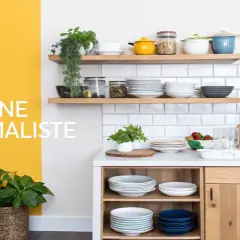 Cuisine minimaliste avec vaisselle empilée et plantes vertes. Le home staging met en valeur la simplicité et la fonctionnalité.