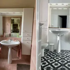 Avant/après d'une salle de bain : le sol rose a été remplacé par un carrelage géométrique noir et blanc, transformant l'espace.