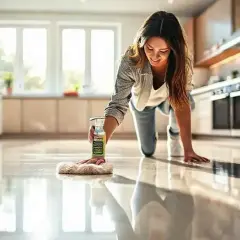 Une femme nettoie son carrelage brillant dans la cuisine. Elle utilise un produit pour savoir comment faire briller un carrelage.