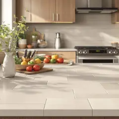 Plan de travail de cuisine avec pose de carrelage mural. Fruits et plantes vertes décorent le plan de travail.