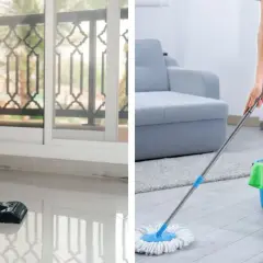 Aspirateur sur un carrelage rugueux, puis une personne lavant le sol avec une serpillère.