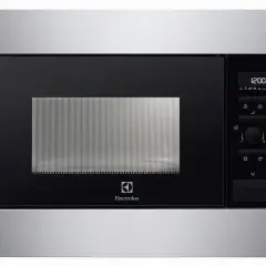 Un élégant **dimension micro onde encastrable** en inox et noir, avec écran digital et commandes tactiles.