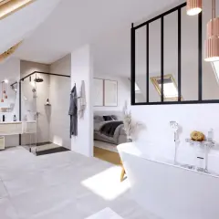 Élégante salle de bain wabi sabi avec baignoire, douche, et vue sur une chambre. Ambiance zen et épurée.