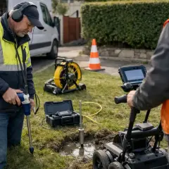 Deux techniciens utilisent un équipement spécialisé pour comment trouver une fuite d'eau dans le sol. L'un écoute avec un appareil, l'autre surveille un écran.