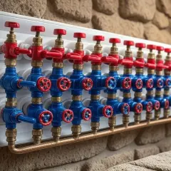 Un collecteur de plomberie avec de nombreuses vannes bleues et rouges, prêt pour une installation de chauffage ou de refroidissement.