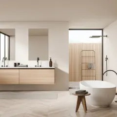 Salle de bain minimaliste avec double vasque en bois, baignoire îlot et douche à l'italienne.
