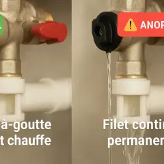 Comparaison d'un groupe de sécurité de chaudière : goutte à goutte normal vs. filet continu anormal.