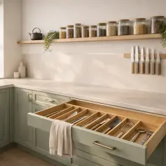 Tiroir de cuisine ouvert avec un organisateur de couverts en bois, parfait pour un plan de travail bien rangé.