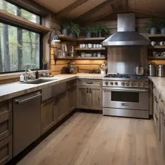 Cuisine rustique rénovée avec des armoires en bois brut, un grand évier en acier inoxydable et une vue imprenable sur la forêt.