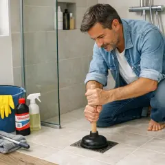 Homme utilisant une ventouse pour nettoyer siphon douche italienne. Matériel de nettoyage à proximité.