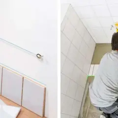 Pose d'un carrelage au sol et au mur avec un laser de chantier pour un calepinage parfait.
