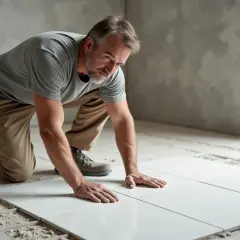 Un homme pose des carreaux blancs au sol, un seau à côté. Il s'agit d'un bain de carrelage méticuleux.
