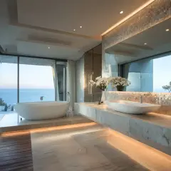 Bain moderne avec baignoire îlot et double vasque, vue sur la mer.