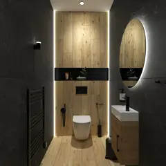 Élégante deco wc noir et bois, avec un mur en bois chaleureux, un WC suspendu et un lavabo moderne.