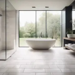 Salle de bain moderne avec baignoire îlot, douche vitrée et double vasque. Le sol de salle de bain blanc immaculé reflète la lumière naturelle.