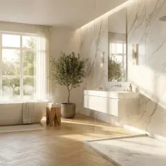 Élégante salle de bain marbre avec baignoire, douche et lavabo. Lumière naturelle douce.