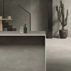 Un intérieur moderne avec un escalier, un bar et un cactus. Le sol et les murs sont recouverts d'un élégant carrelage sans joint.