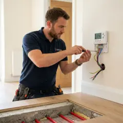 Un technicien installe un thermostat pour un plancher chauffant. Le joint de 2mm du carrelage est visible.
