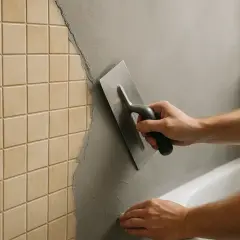 Application d'enduit pour recouvrir le carrelage de la douche. Un artisan lisse le mur avec une truelle.
