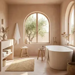 Salle de bain épurée avec baignoire îlot, lavabo en béton et vue sur un olivier. Une ambiance zen pour recouvrir le carrelage de votre salle de bain.