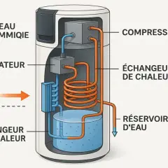 Schéma d'un chauffe-eau thermodynamique montrant le compresseur, l'évaporateur, les échangeurs de chaleur et le réservoir d'eau.