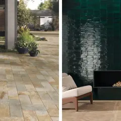 Allée de voiture en pavés et mur intérieur en carreaux verts profonds. La sous couche carrelage assure la durabilité.