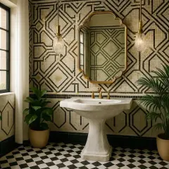 Élégante salle de bain art déco avec carrelage géométrique, lavabo sur colonne en marbre et plantes vertes.