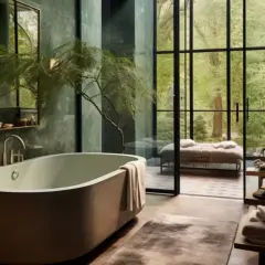 Élégante salle de bain travertin et vert, avec baignoire, vue sur jardin luxuriant.