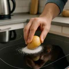 Main d'homme utilisant une pomme de terre et du sel pour nettoyer plaque induction cramée. Astuce de grand-mère pour une cuisine impeccable.