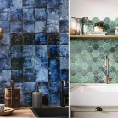 Carrelage zellige bleu profond et hexagones verts pour une cuisine ou une salle de bain.