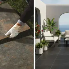 Pose de dalles grès cérame pleine masse sur une pelouse et sur une terrasse moderne avec vue mer.