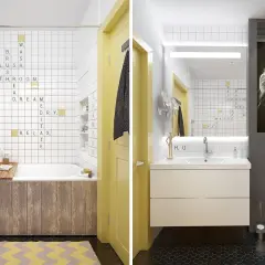 Une salle de bain enfant ludique avec des mots à la scrabble sur les murs. Une idée originale pour une décoration joyeuse et interactive.