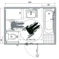 Plan d'une salle de bain PMR avec WC, baignoire et lavabo, optimisée pour la circulation en fauteuil roulant.