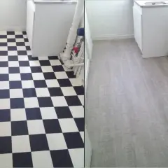 Comparaison avant/après : un carrelage moche à damier noir et blanc remplacé par un revêtement gris imitation bois.