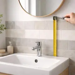 Mesure de la hauteur de la faience au dessus du lavabo. Un mètre ruban jaune indique 55 cm.