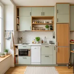 Une femme lit un livre dans une petite cuisine lumineuse avec des armoires vert pâle et des accents en bois.