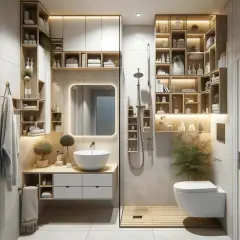 Plan salle de bain moderne avec lavabo, miroir, douche et toilettes suspendues. Étagères en bois clair pour le rangement.