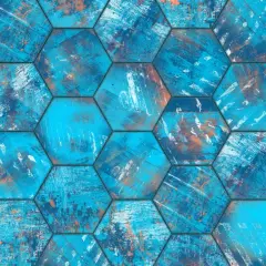 Carrelage écologique hexagonal aux teintes bleues et orangées, évoquant une texture usée et artistique.