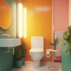 Salle de bain colorée avec lavabo, toilettes et plantes. Une décoration toilette moderne et vibrante.