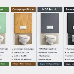 Comparaison de 4 revêtements pour un pose wc suspendu : vert, bois, gris et composite.