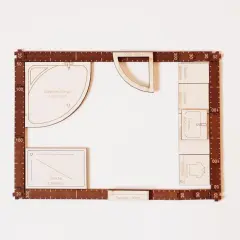 Maquette d'une salle de bain 9m2 avec baignoire d'angle, douche, lavabo, meubles et fenêtre.