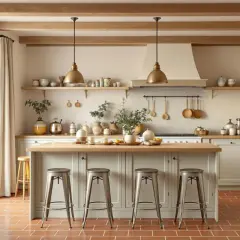Cuisine chaleureuse avec sol en tomettes rouges. Les tons crème et bois clair s'associent parfaitement, créant une ambiance douce.