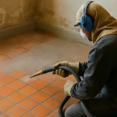 Un ouvrier protégé nettoie un carrelage neuf avec un appareil de sablage.