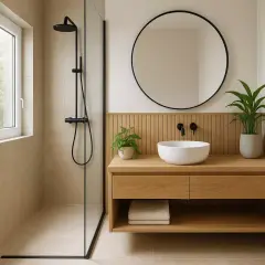 Douche moderne et meuble vasque en bois dans une petite salle de bain 3m2. Miroir rond et plantes vertes apportent une touche de fraîcheur.