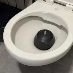 Un déboucheur en caoutchouc noir repose dans la cuvette d'un WC, prêt à résoudre les problèmes de diamètre d'évacuation WC.
