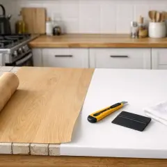 Rouleau de revêtement imitation bois prêt à recouvrir un plan de travail carrelé. Outils de pose à proximité.