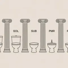 Comparaison de la hauteur sortie wc : WC, SOL, SUB, PMR. Différents modèles de toilettes présentés sous des colonnes antiques.