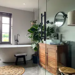 Une baignoire îlot, un meuble en bois et une plante luxuriante créent une ambiance de wet room apaisante.
