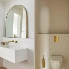 Salle de bain moderne avec lavabo flottant, miroir arche et WC suspendu. Une belle deco wc petit espace avec des touches dorées.