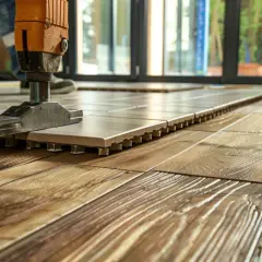 Pose d'un nouveau revêtement : on est en train de coller du carrelage sur du bois, avec un outil qui aide à ajuster les dalles.